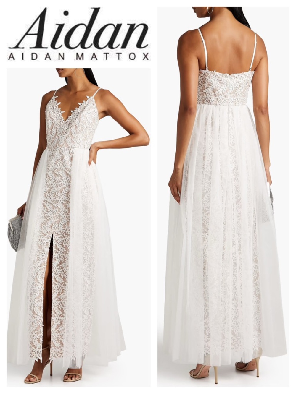 Aidan by AIDAN MATTOX V-Neck Embroidered Gown W/ Skirt Overlay